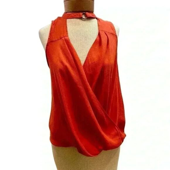 Free People Orange/Red Women's Size Medium Choker Faux-Wrap Blouse - Picture 5 of 6